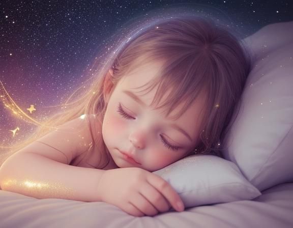 Dreamy Child Asleep with Flying Cats and Glittering Stars