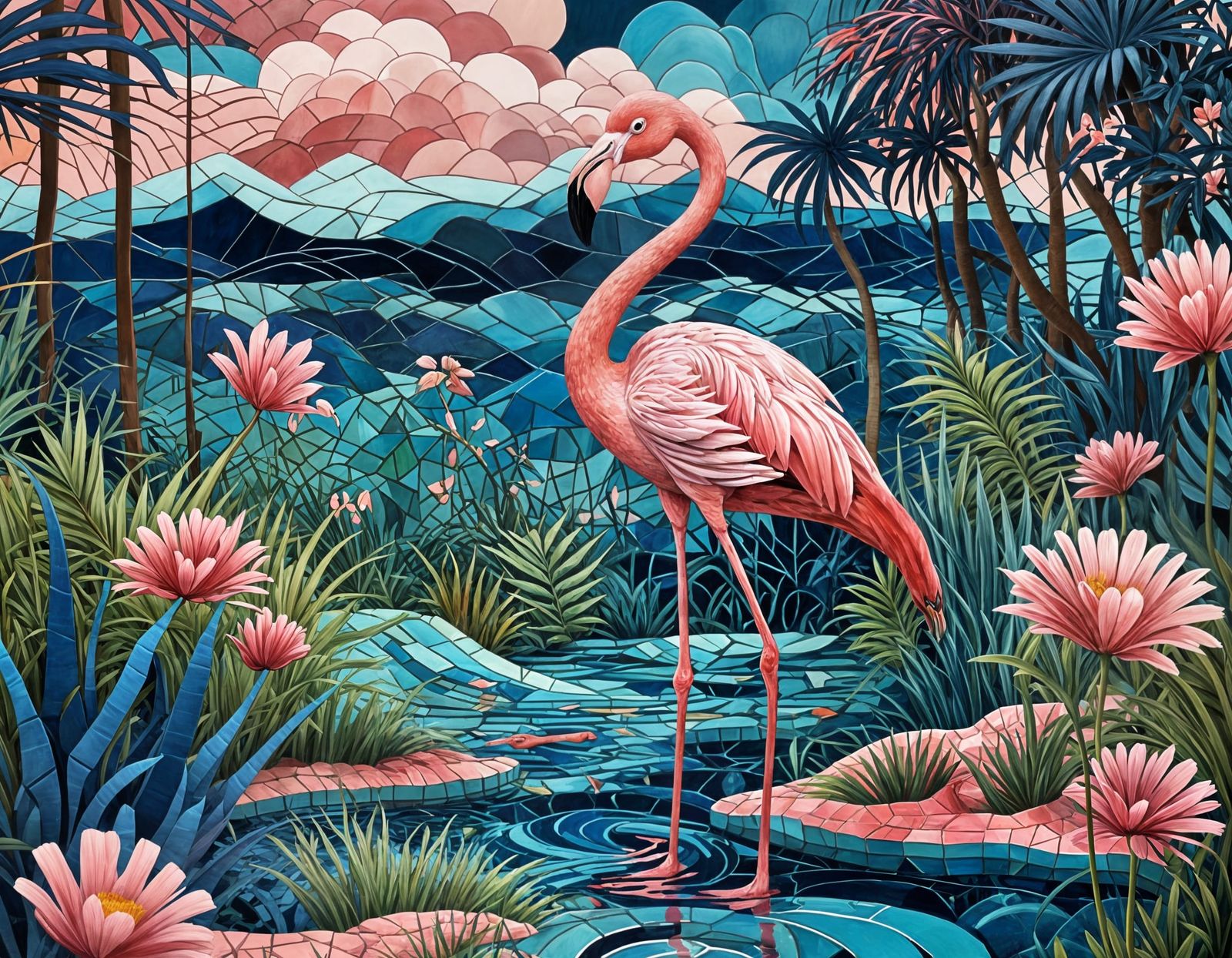 Pink Flamingo in Moroccan Mosaic Style