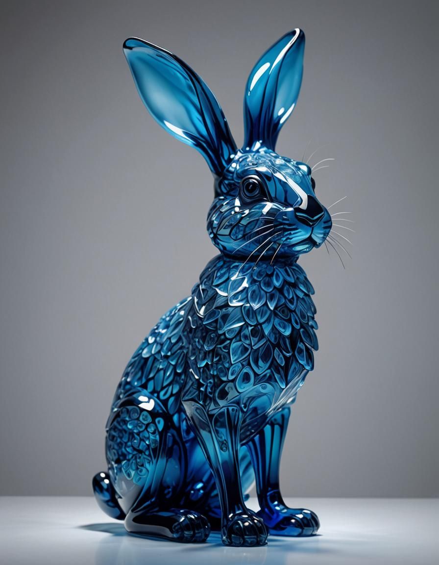 Blue Glass Rabbit Sculpture with Volumetric Lighting