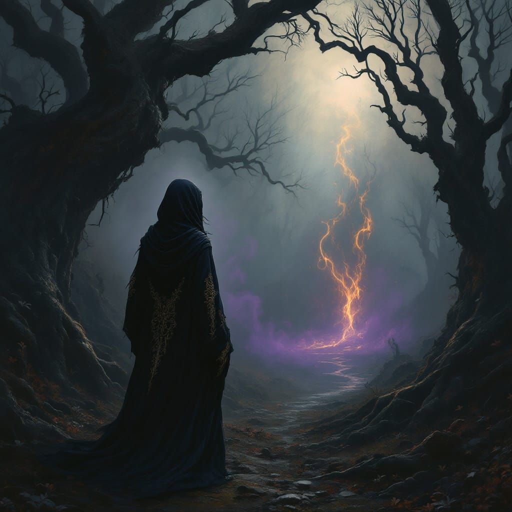 Mystical Woman Gazing into Dark, Twisted Forest