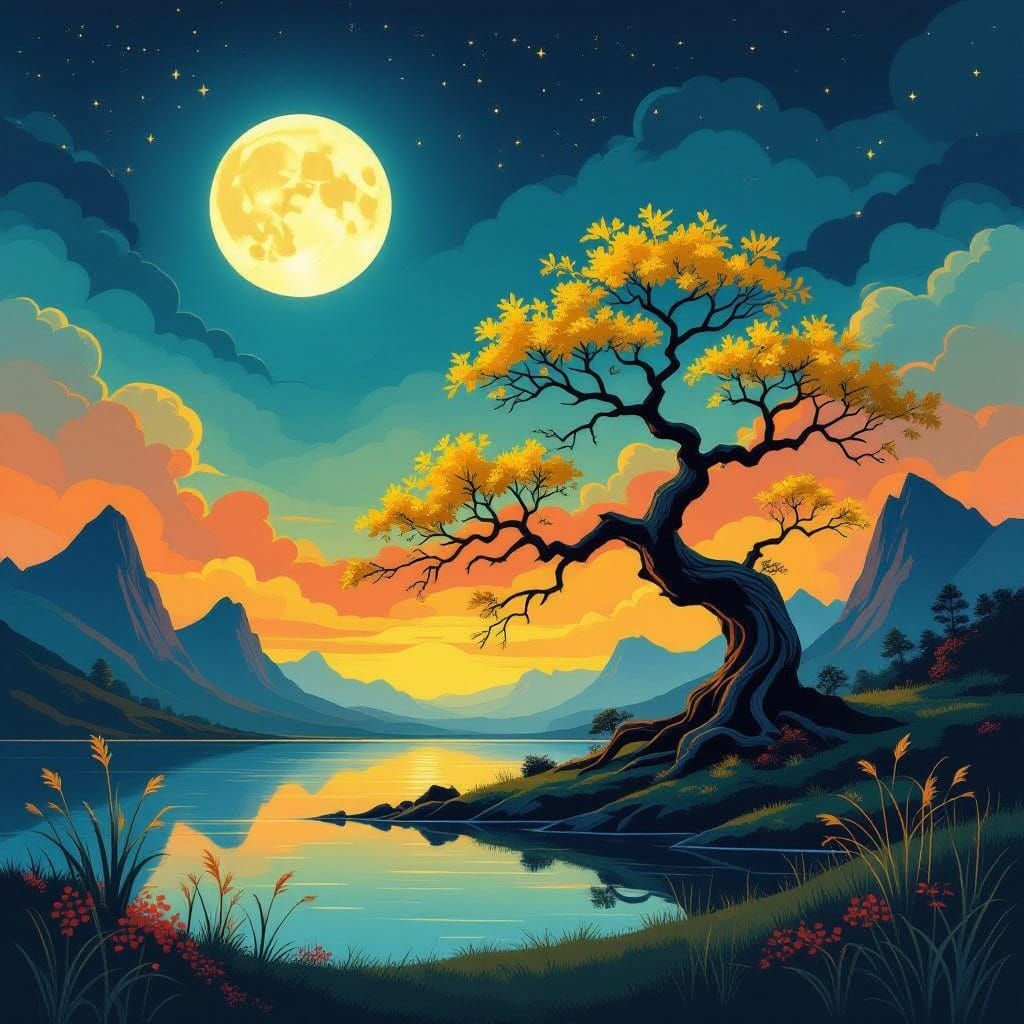 Surreal Landscape Painting with Ancient Tree and Luminous Mo...