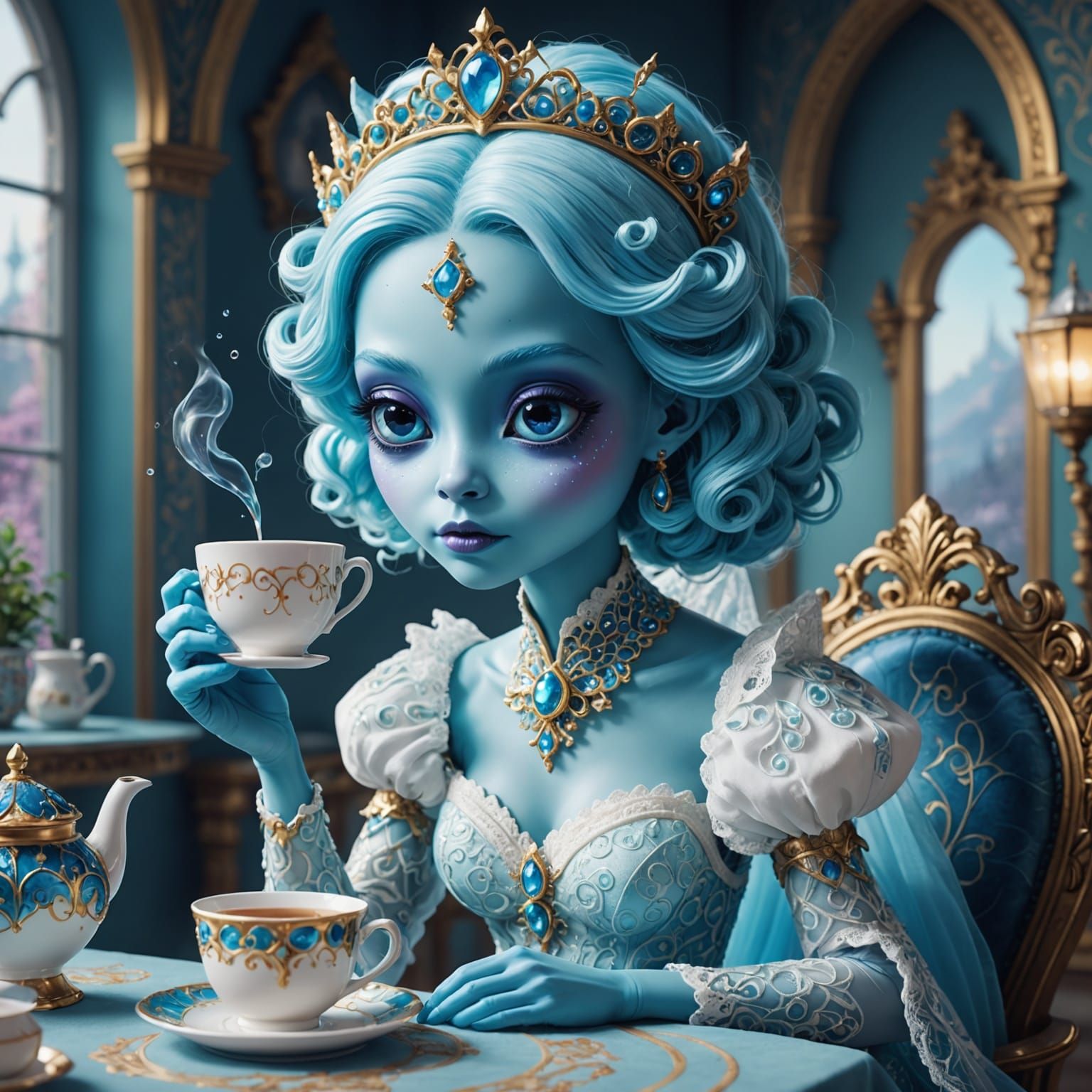 Adorable Alien Princess Sipping Tea in Kawaii Style