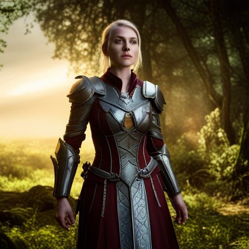 Medieval Woman in Armor at Sunset
