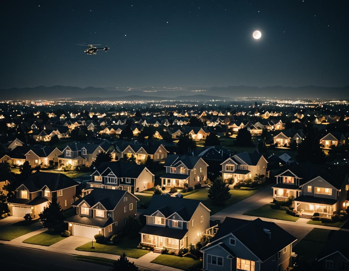 Moonlit Suburban Night: House and Helicopter in Focus