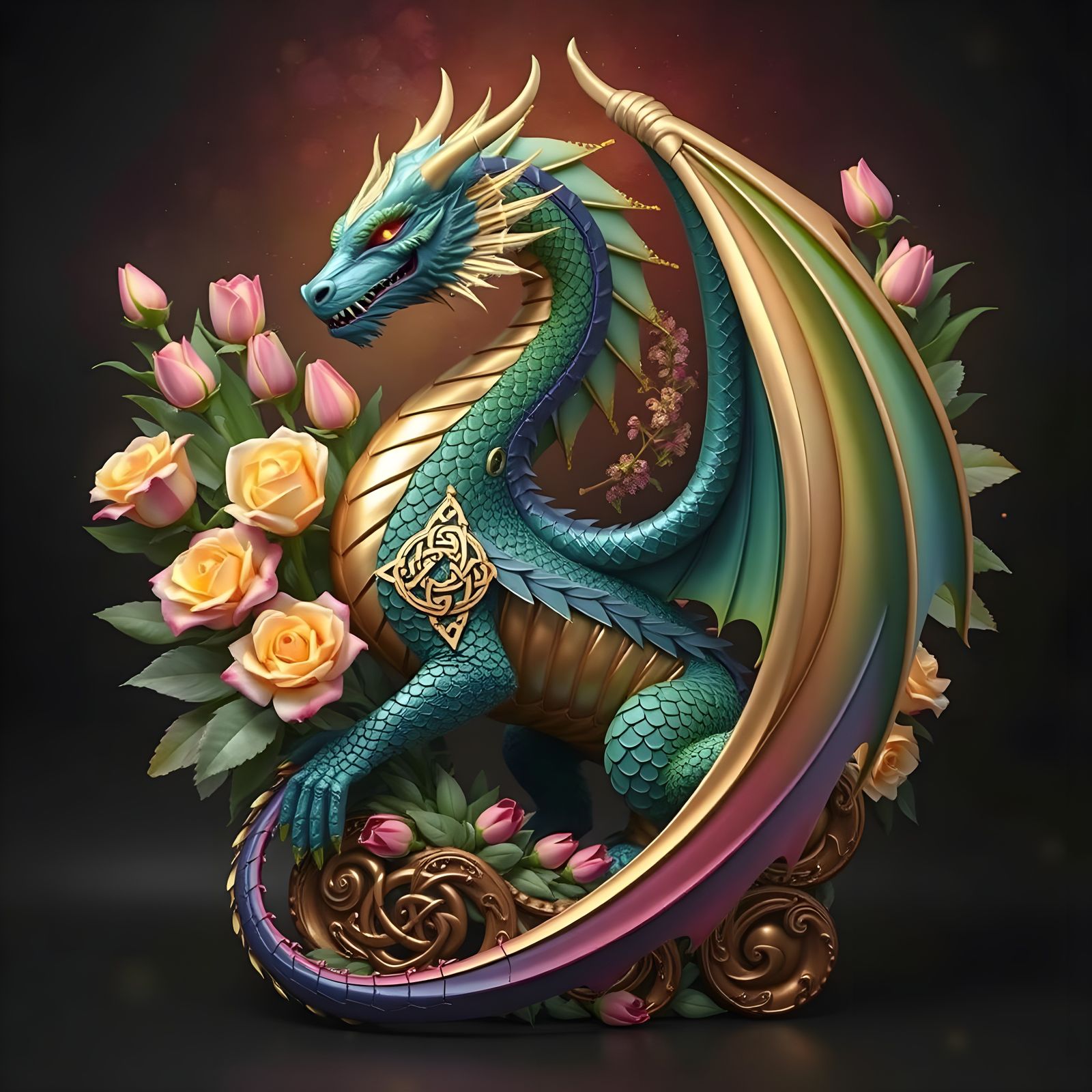 Majestic Celtic Dragon with Roses and Tulips