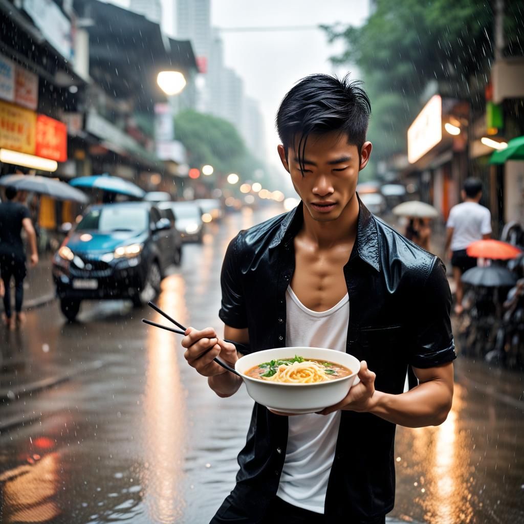 Thai Man Eating Ramen in Rainy Bangkok Street