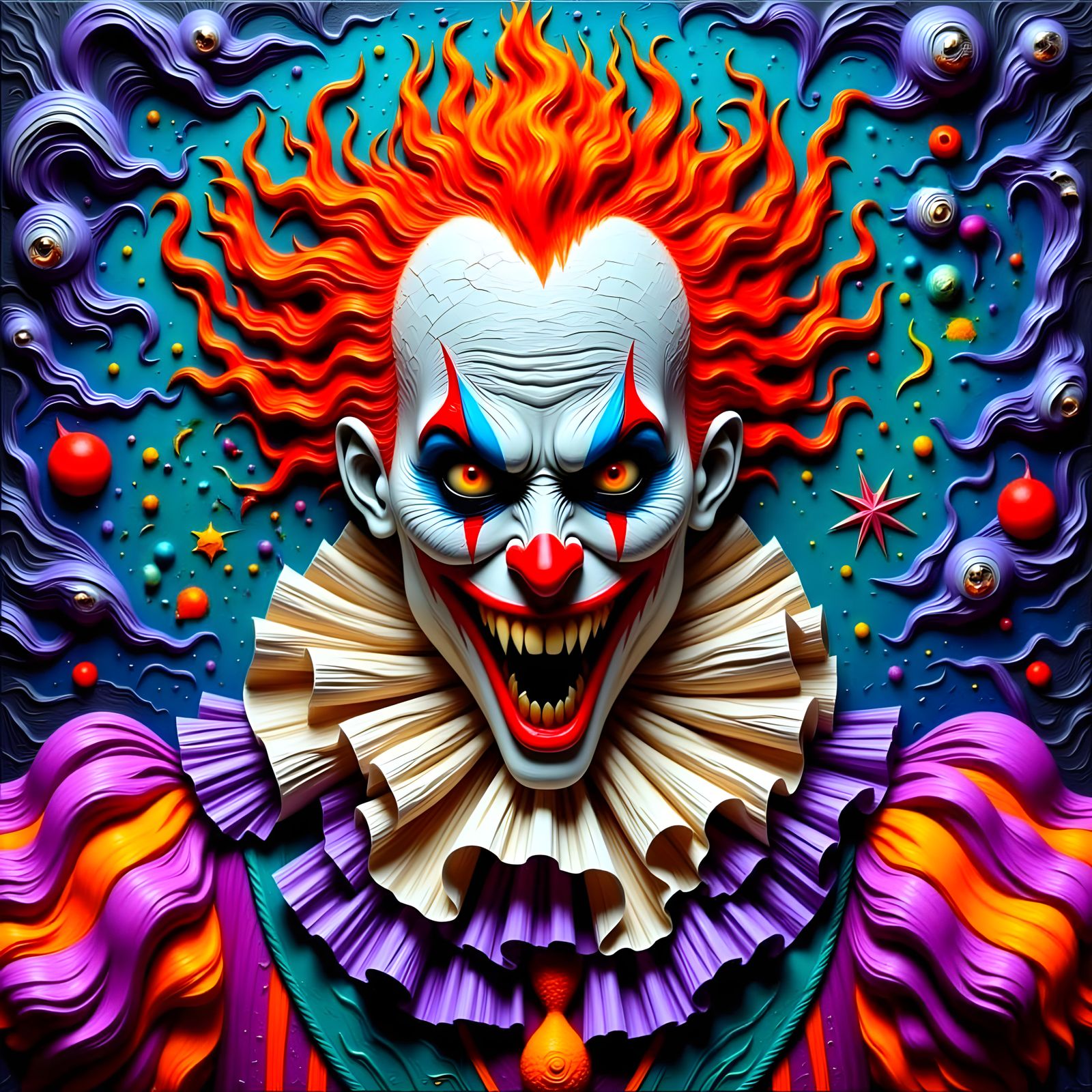 Creepy Encaustic Clown Portrait in Rich Purples and Turquois...