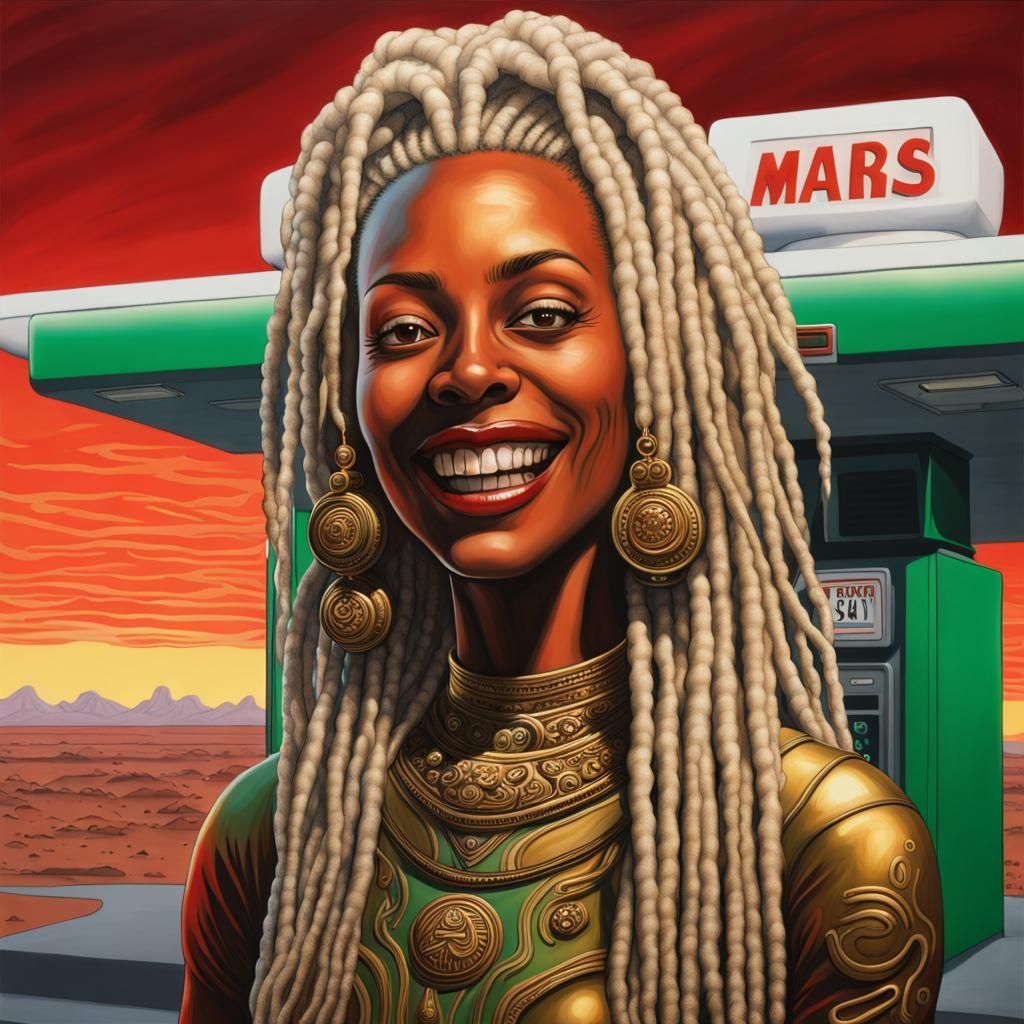 Woman with Diamond Grills on Mars in Black Light Art