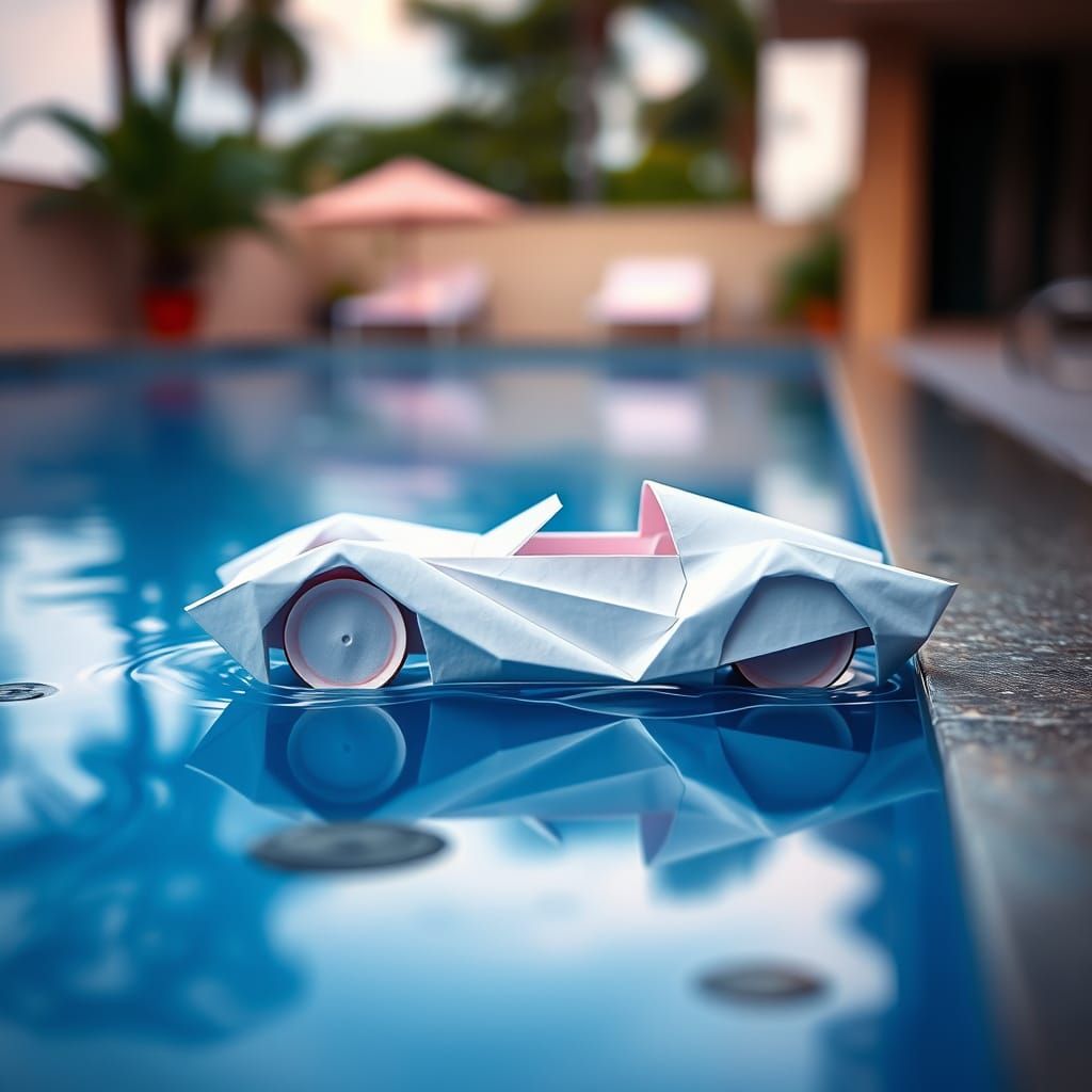 Origami Paper Car Floats Serenely on Water's Surface
