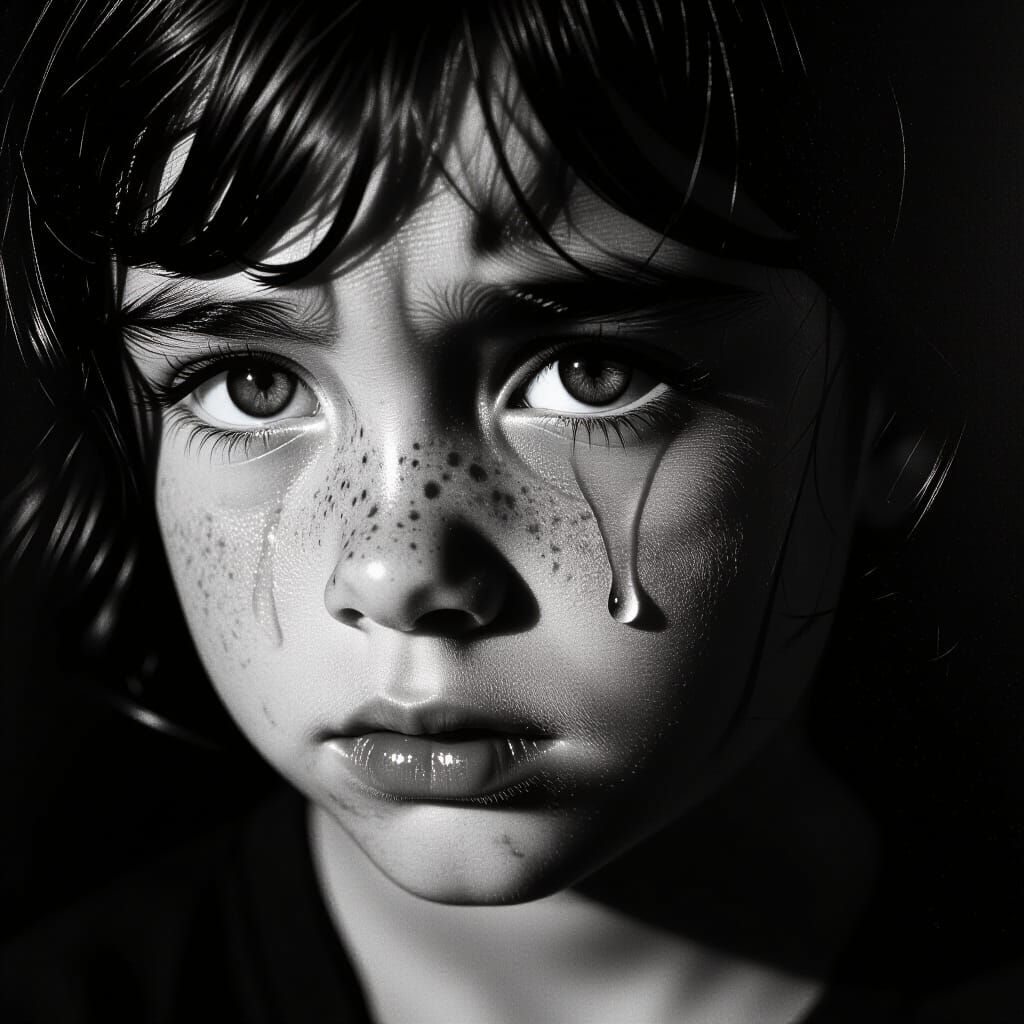 Child's Face in Shadow with Single Tear, Dramatic Chiaroscur...