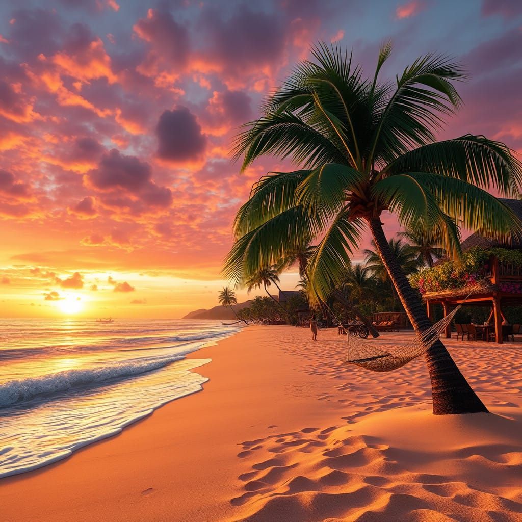Tropical Beach at Sunset in Vibrant Realism