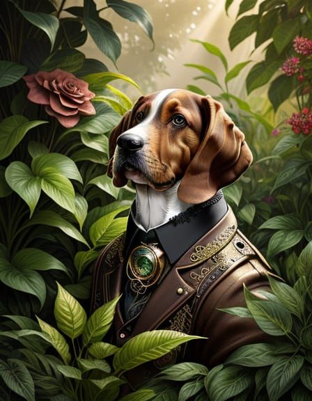 Steampunk Basset Hound in a Whimsical Garden