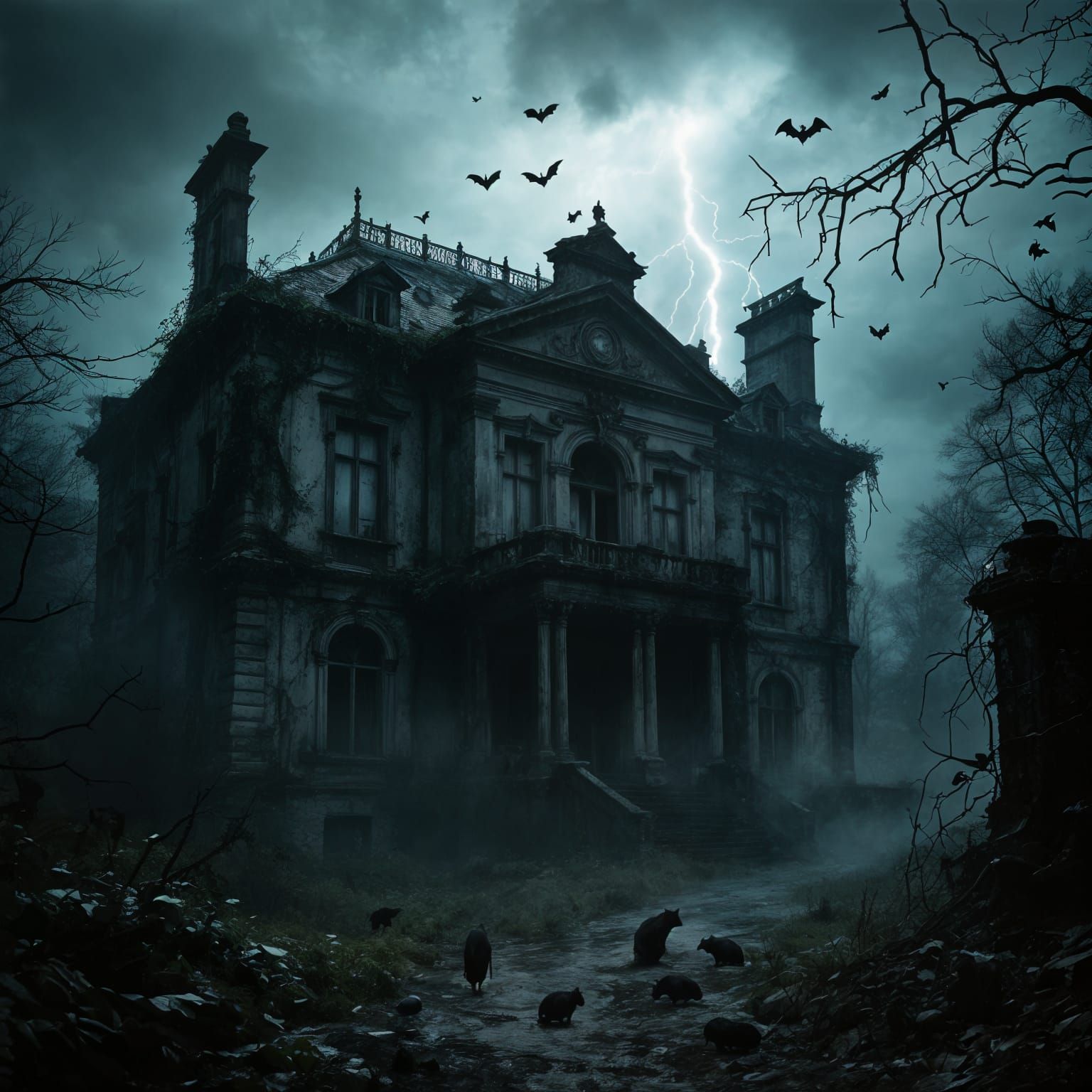 Abandoned Mansion: Bats, Rats, and Lightning in Black and Wh...