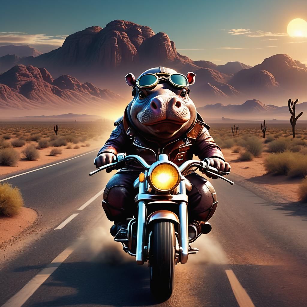 Hippo on Motorcycle in Desert Landscape