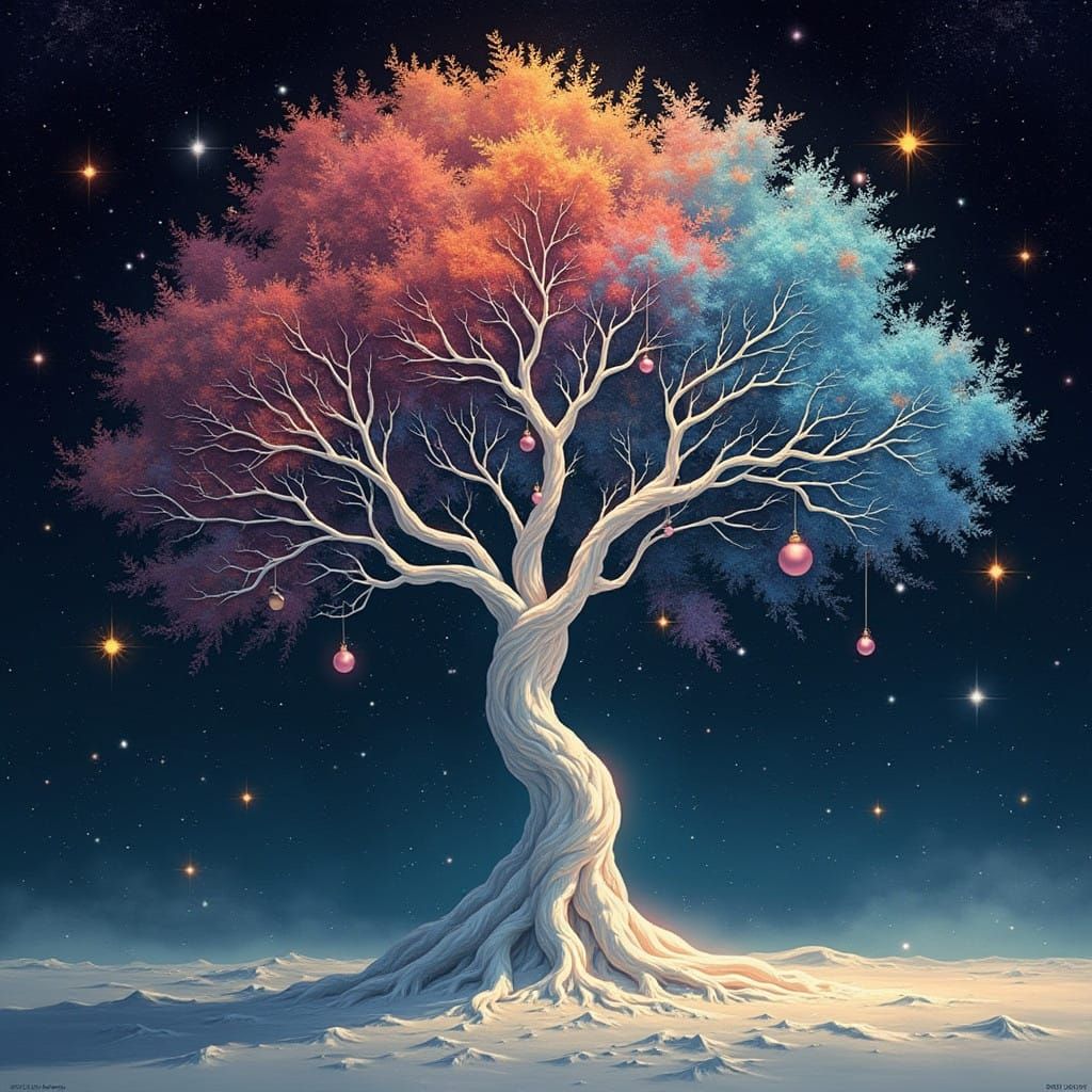 Cosmic Tree in Space with Radiant New Year's Ornaments