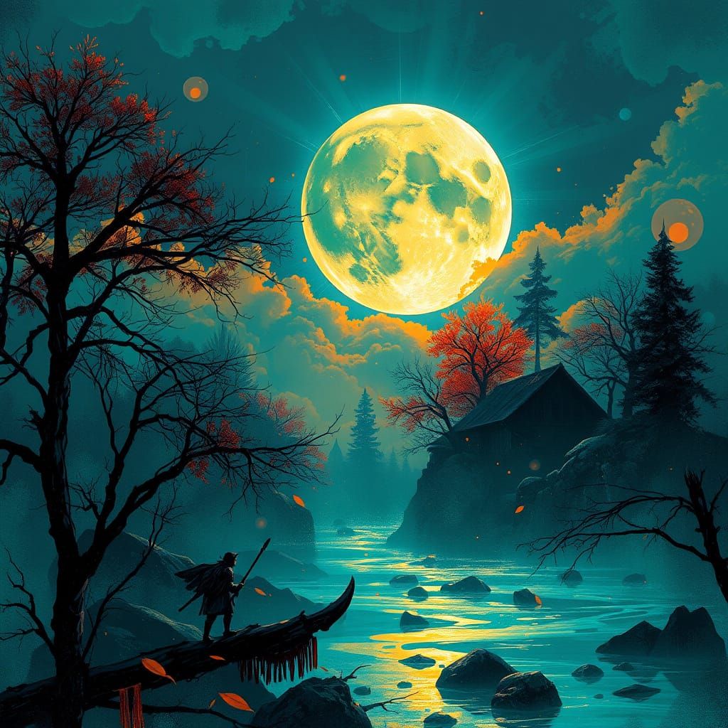 Luminous Moonlit Encounter in Intricate Ink Lines