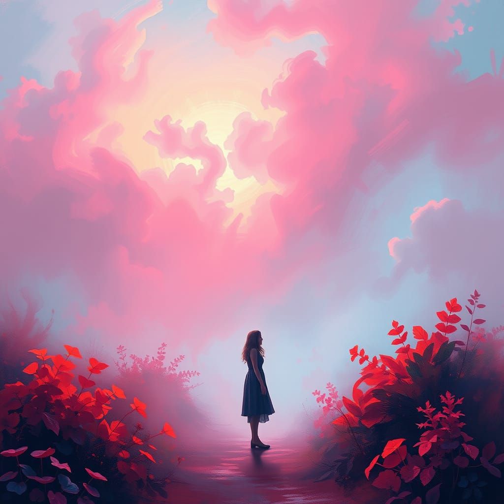 Surreal Pink Dawn Psychedelic Landscape in Vibrant Impressio...
