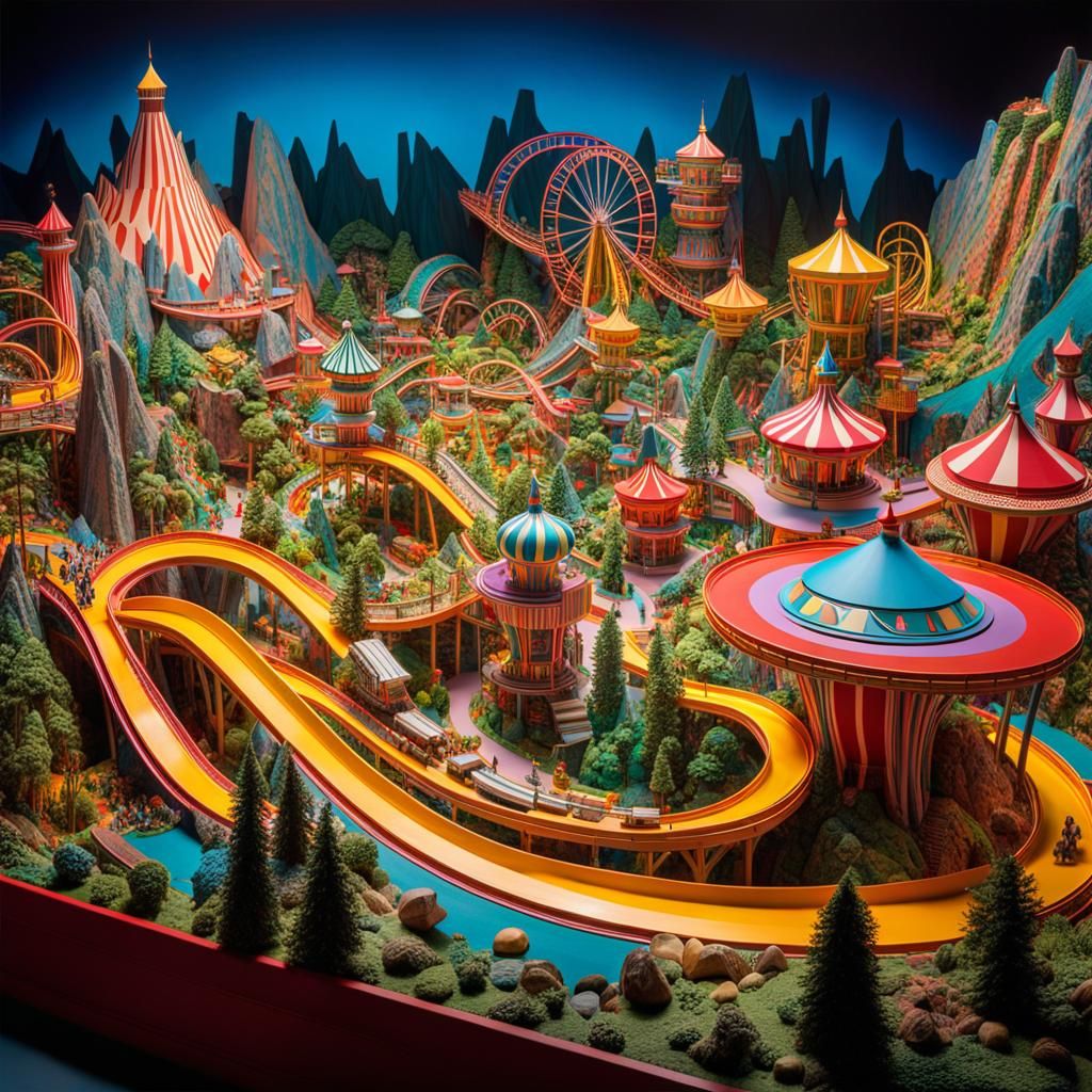 Psychedelic Theme Park Diorama with Tower of Terror