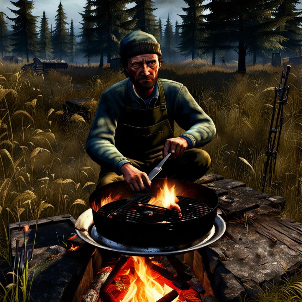 Campfire Cooking Scene in Digital Art Style
