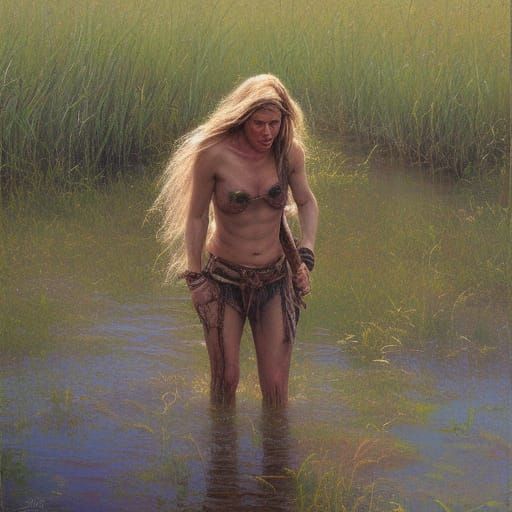 Wild Woman in Primal Swamp as Oil Painting
