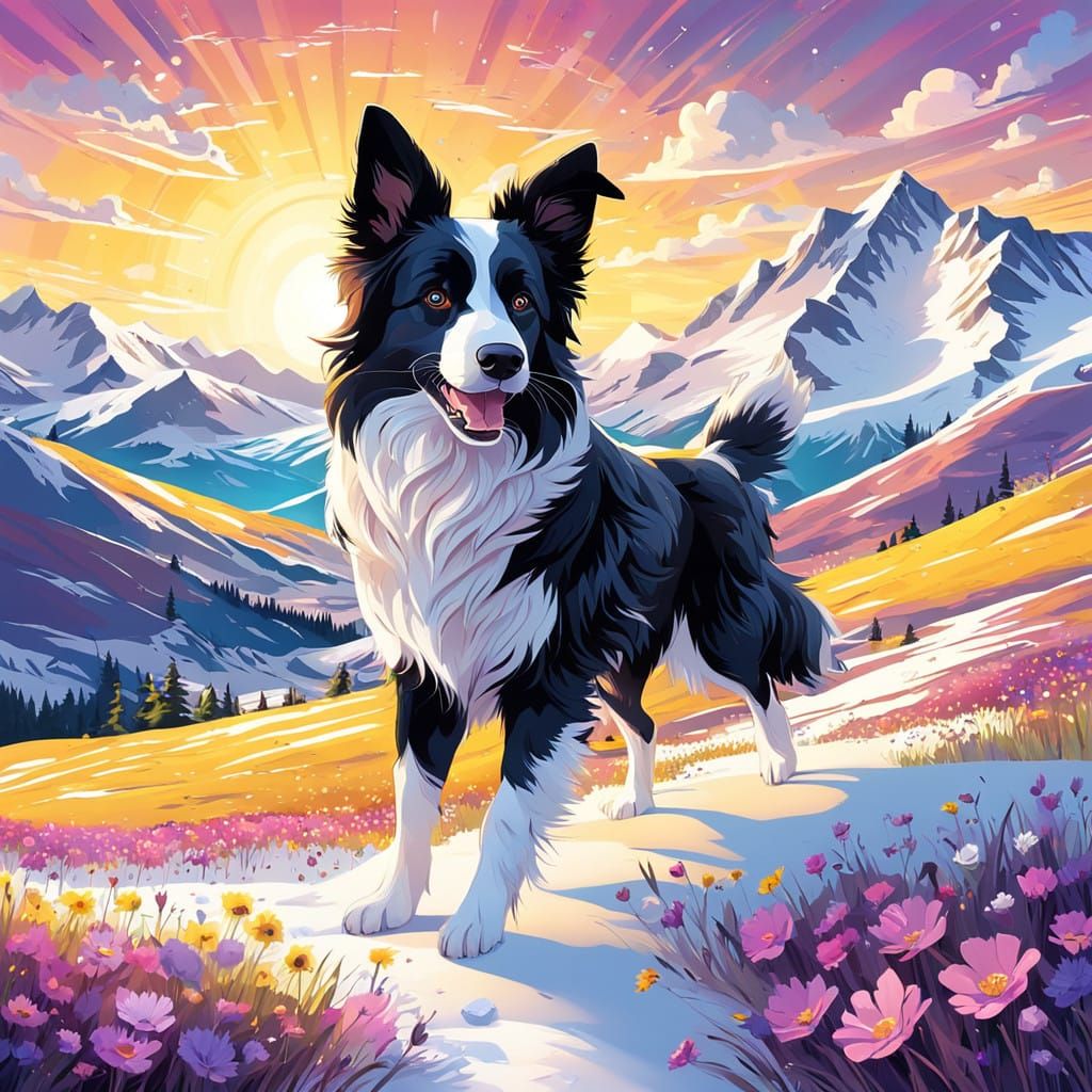 A Border Collie Pup Plays in Vibrant Wildflower Meadow