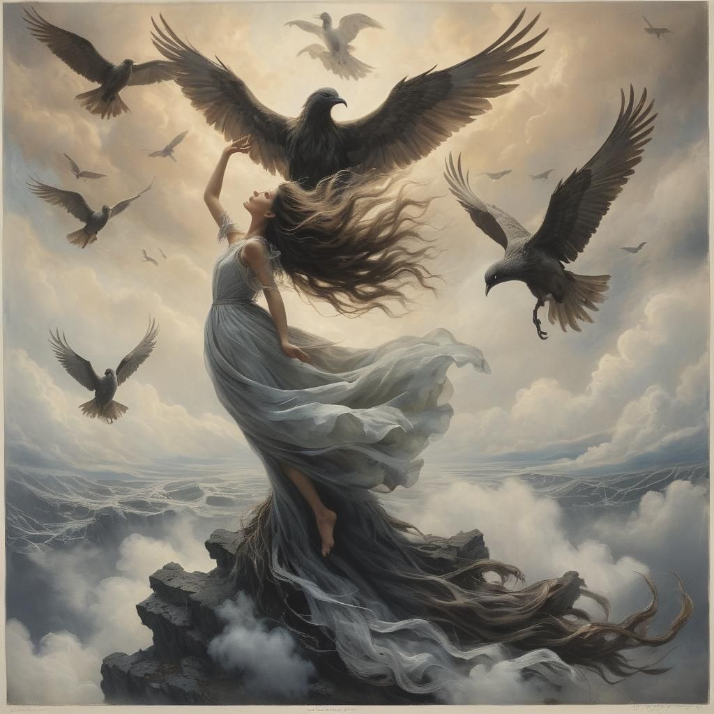 Ethereal Bird Descending: Symbolist Art Portrait