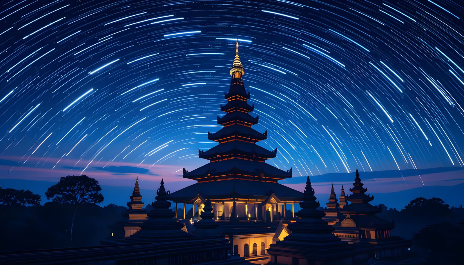 Pagoda Under Star Trails in Myanmar