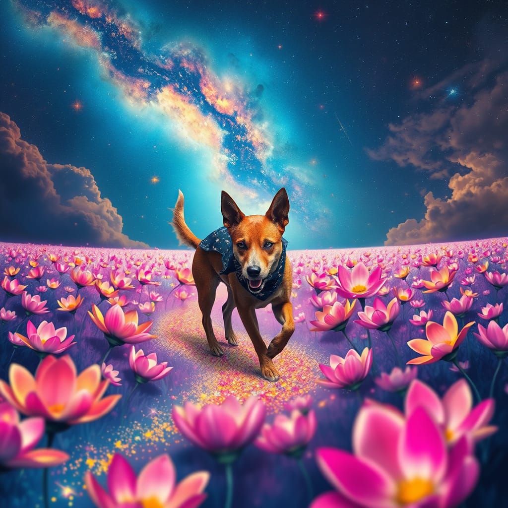 Canine-Pie Hybrid Walks Through Iridescent Alien Flower Fiel...