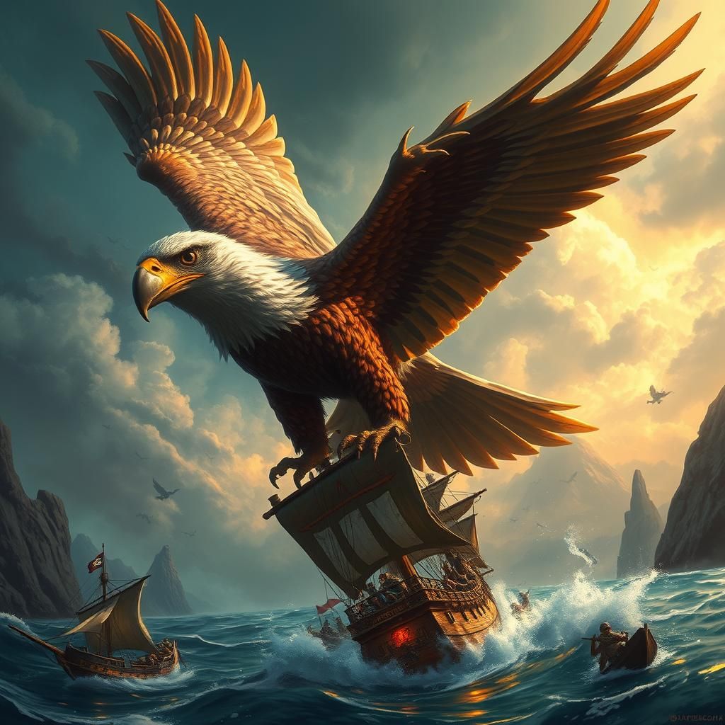 Giant Eagle Attacks Pirate Ship in Stormy Skies