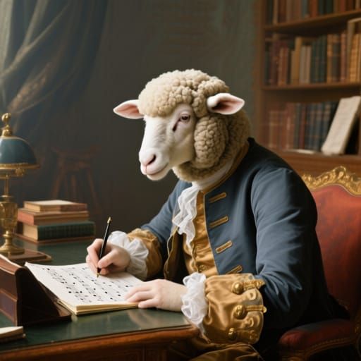 A sheep in Baroque composer's costume, writing music in a st...