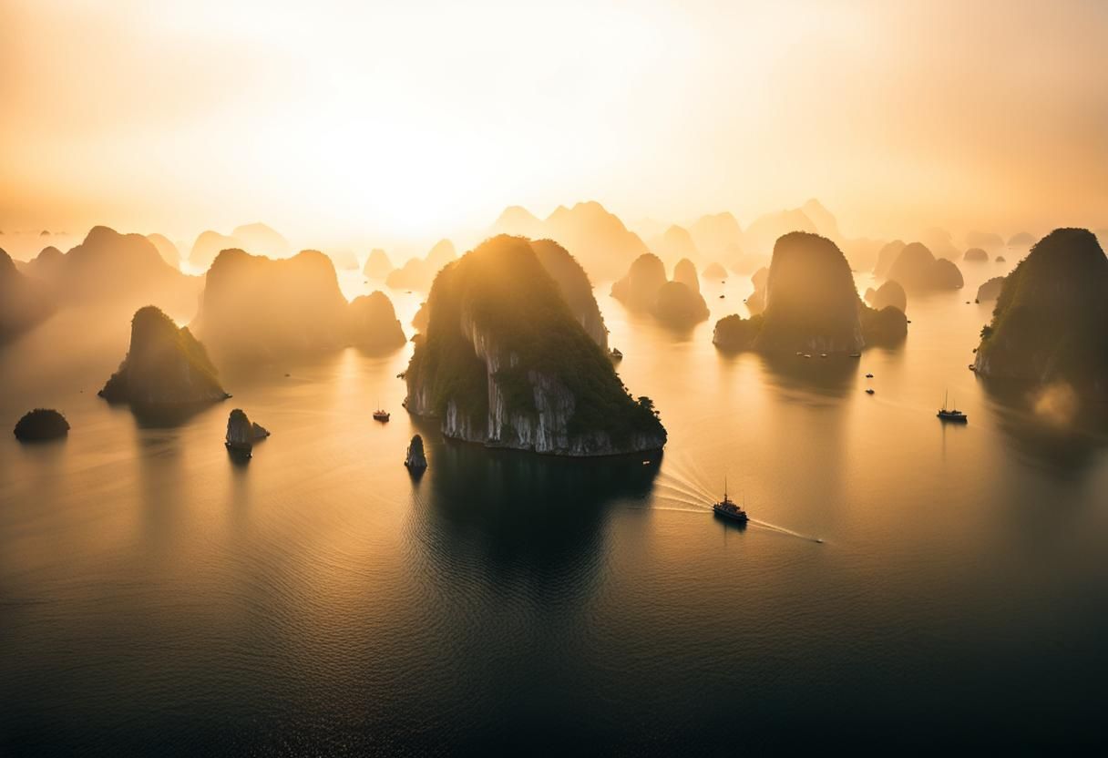 Boat Navigates Misty Ha Long Bay at Golden Hour