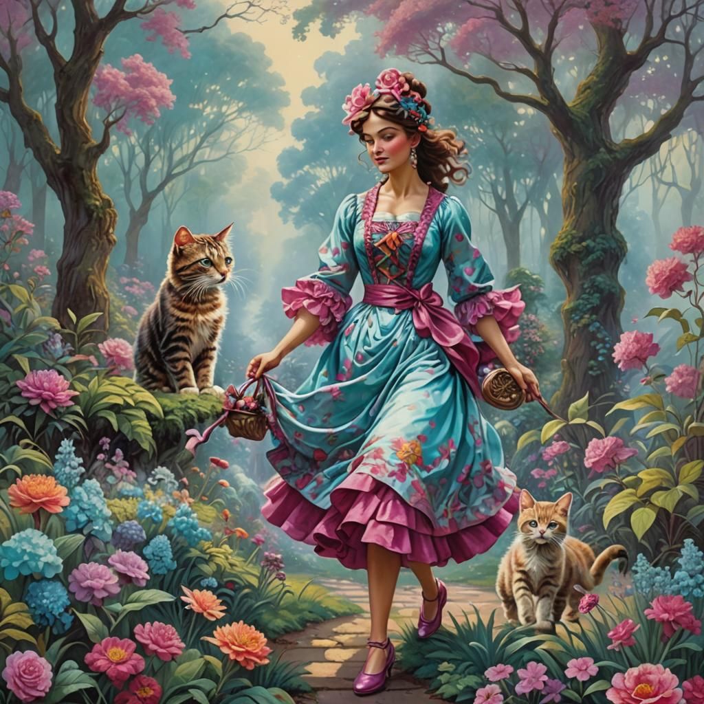 Girl and Kitten in Floral Fantasy, Textile Art Style