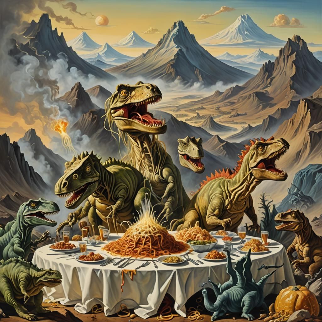Dinosaurs' Surreal Spaghetti Dinner, Dali-esque Oil Painting