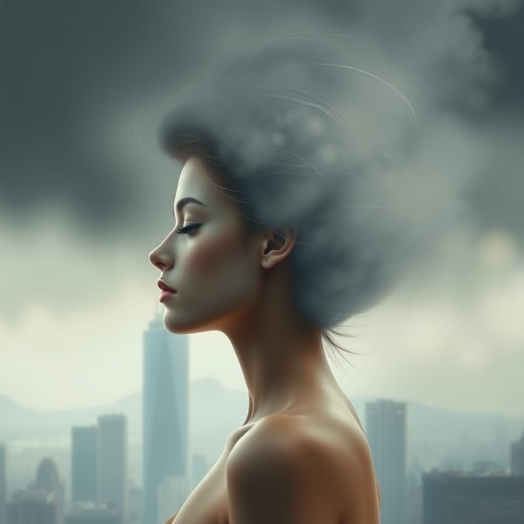 Dreamlike Woman in Cityscape, Digital Art