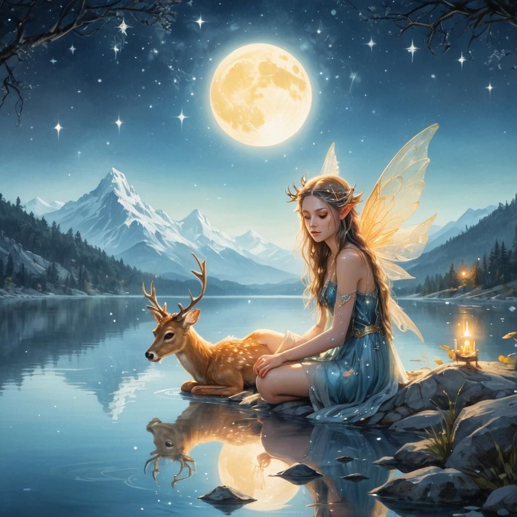 Ethereal Fairy by Moonlit Lake: Whimsical Fantasy Art