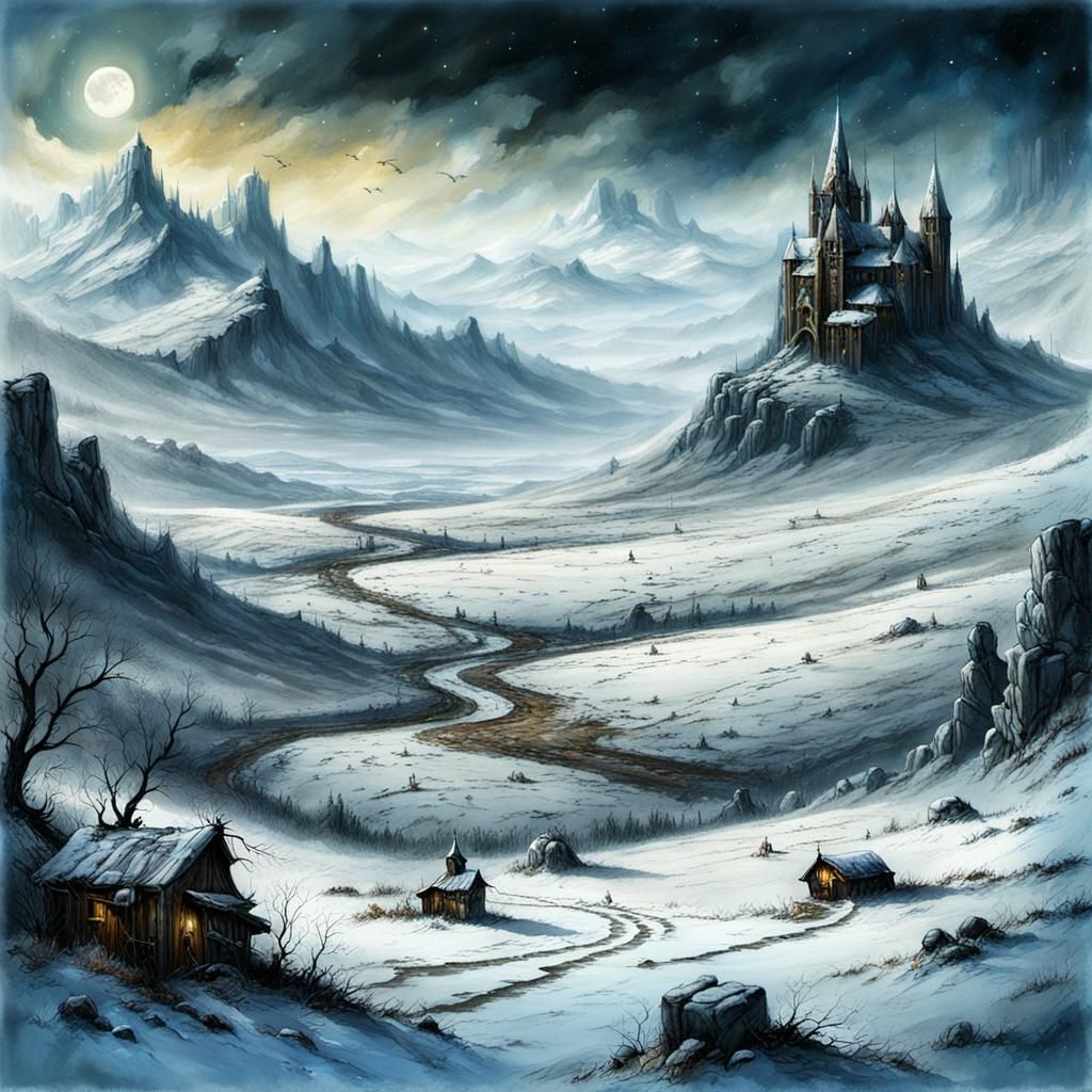 Winter Highland Plain in Mixed Media Style