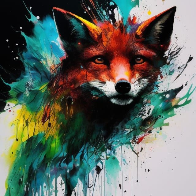 Colorful Ink Splash Fox in Dramatic Lighting