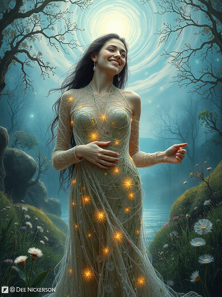 Ethereal Filigree Woman in Bioluminescent Forest
