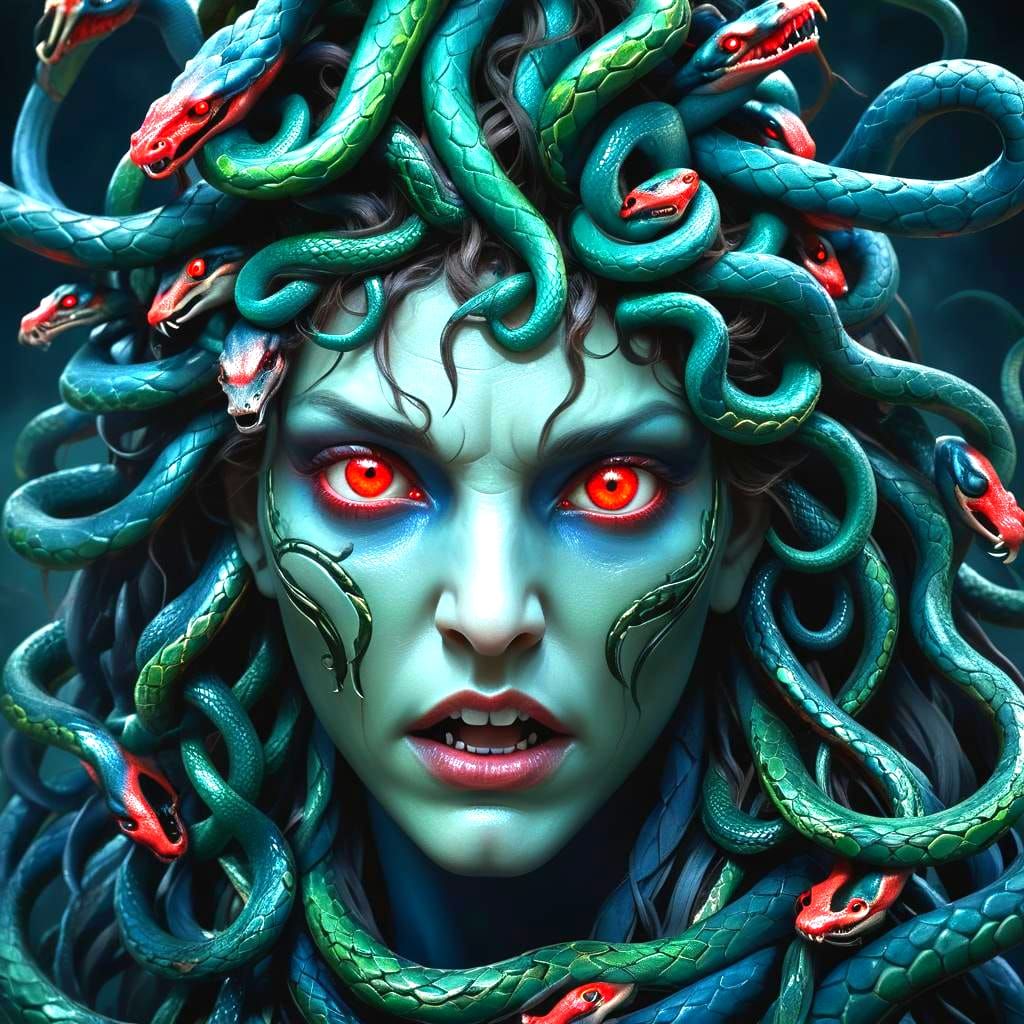 Hyperrealistic Medusa Head in Muted Blues and Greens