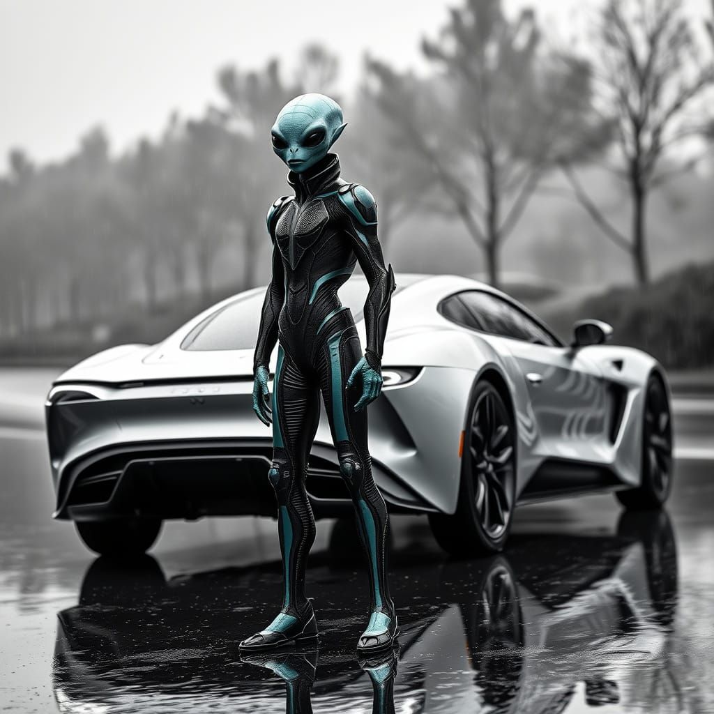 Futuristic Alien and Car in Noir Sci-Fi Style