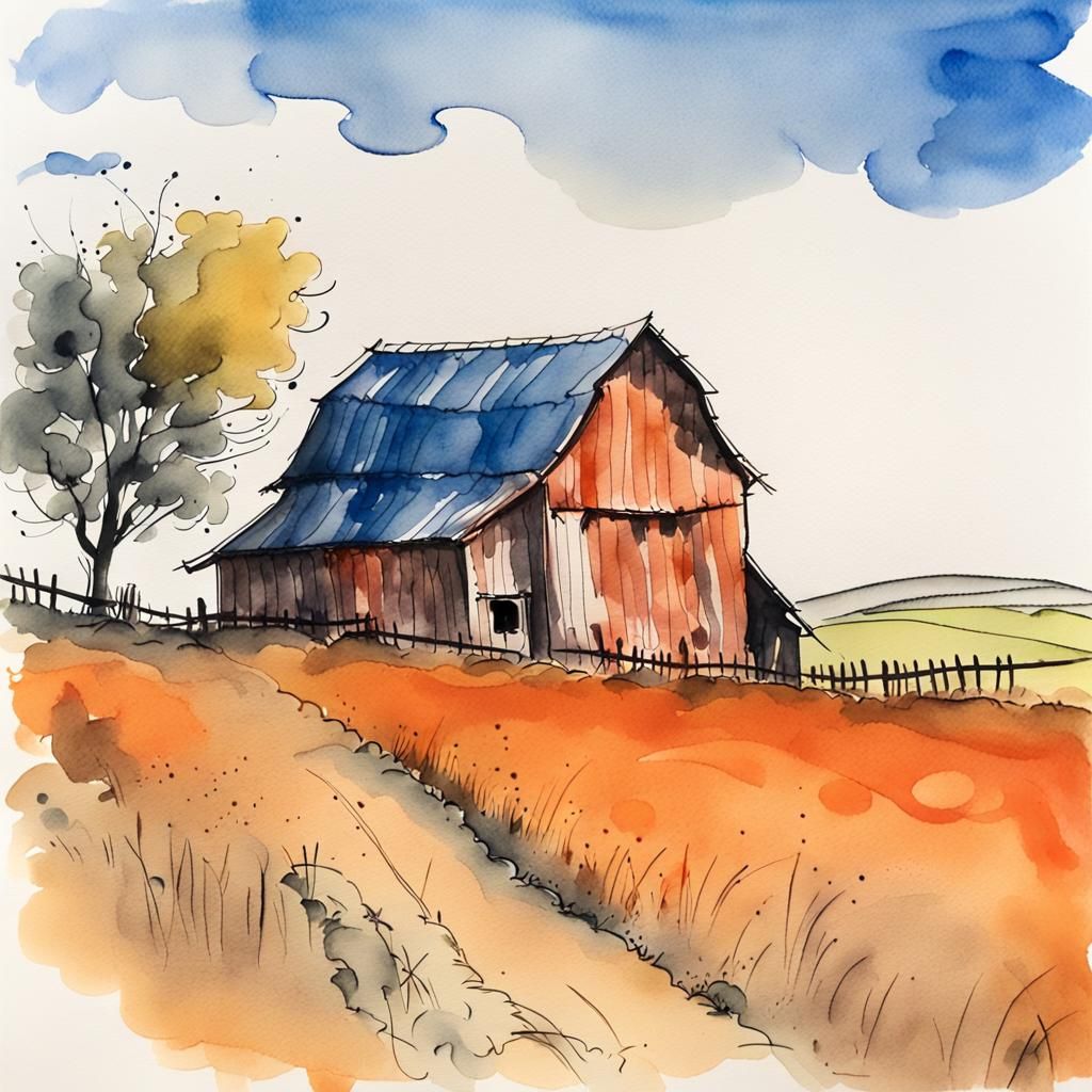 Whimsical Barn in Watercolor and Ink Outlines