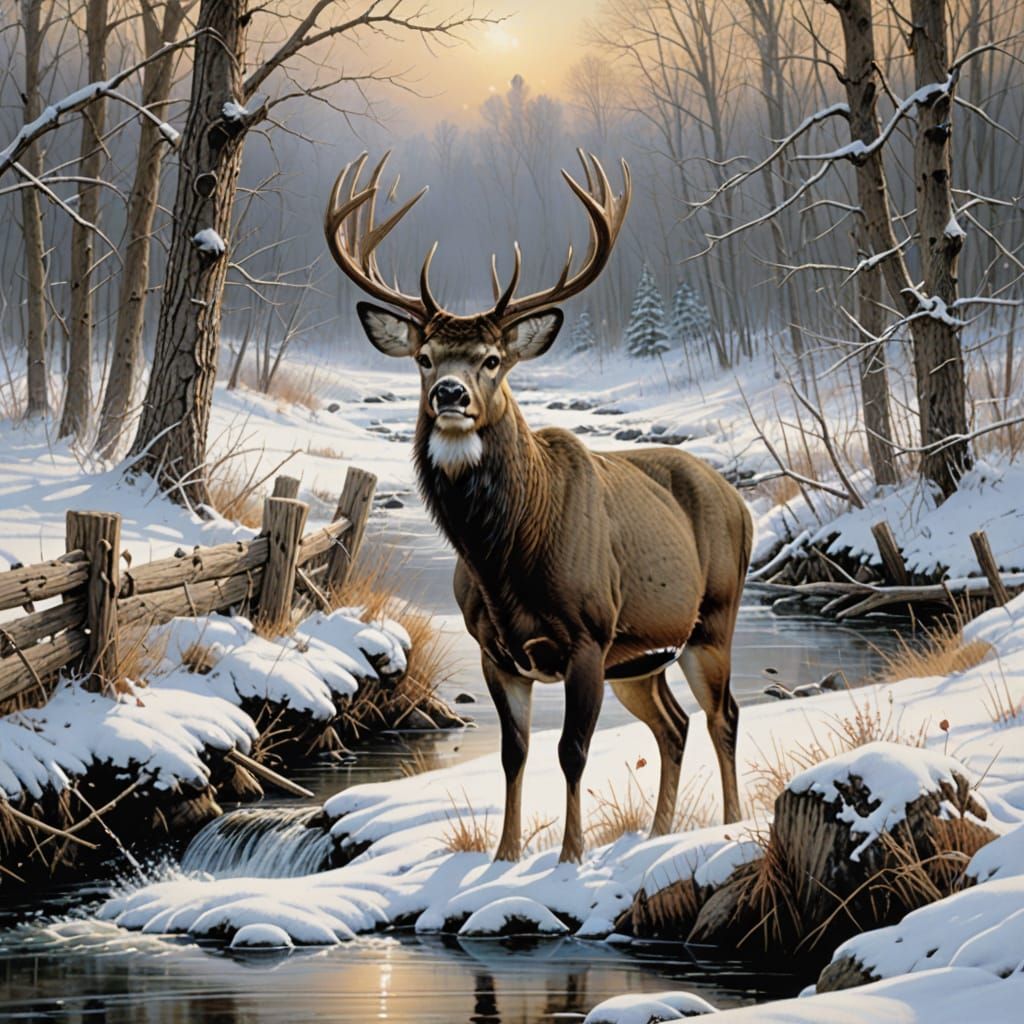 Ethereal Deer Leaps Winter Landscape with Stream and Snow