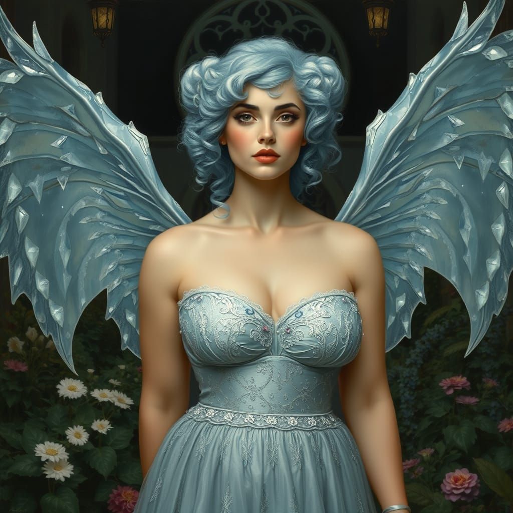 Ice-Winged Woman in Vampire Garden: Pre-Raphaelite Portrait
