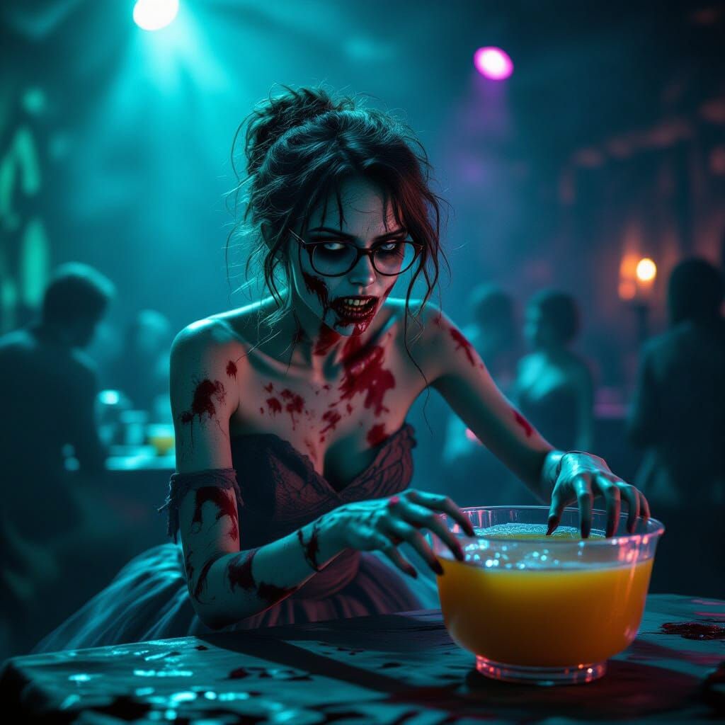 Nerdy Zombie at Apocalypse Prom Reaching for Punch Bowl
