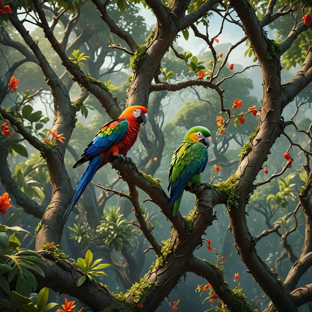 Colorful Parrot in Tree: Detailed Matte Painting
