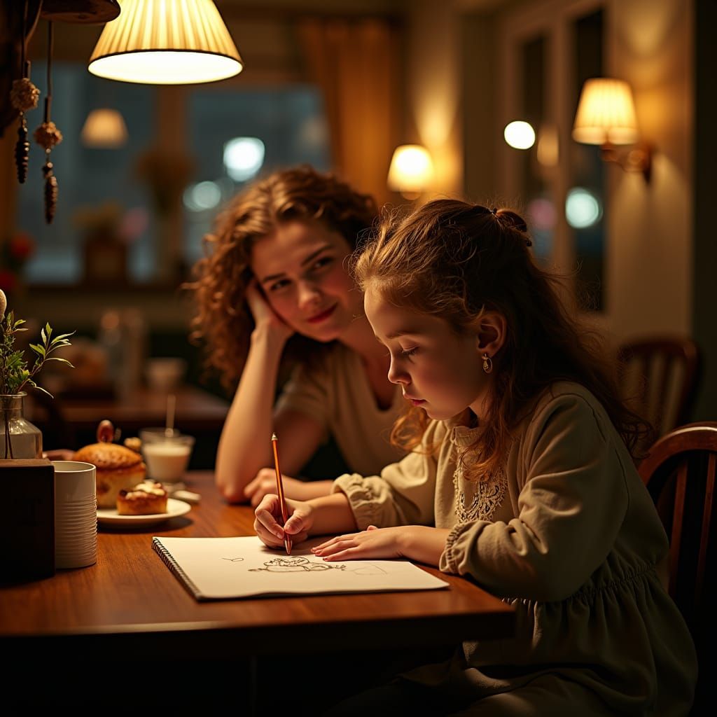 Cozy Cafe Scene: Girl Sketching Rabbit