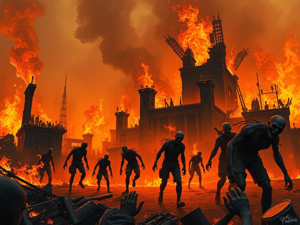 Burning Zombies in Apocalyptic Landscape
