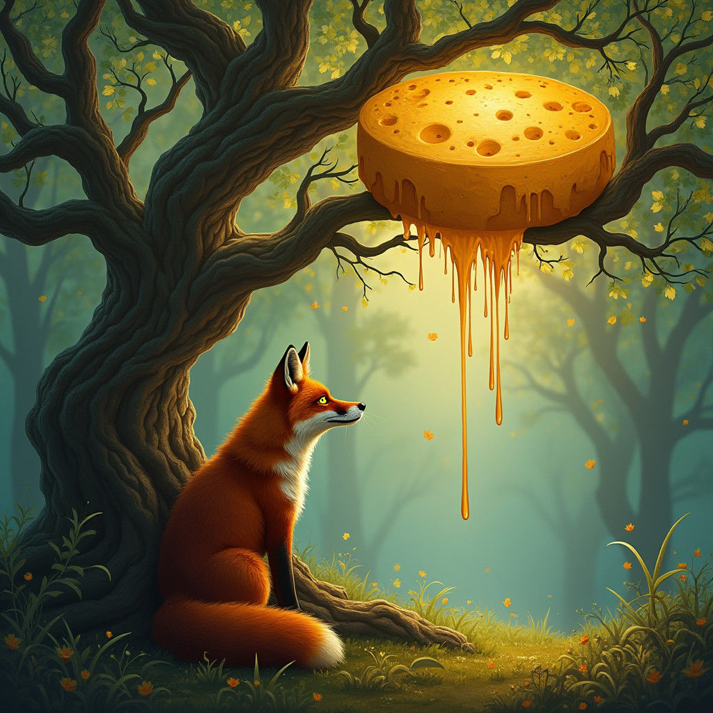 Fox Mesmerized by Melting Cheese Wheel on Oak