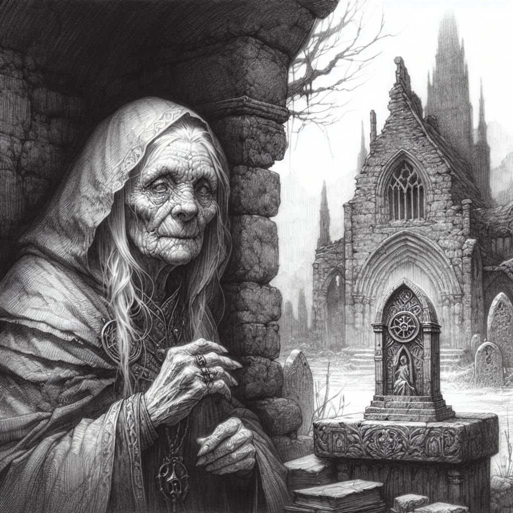 Elven Priestess in Ruined Church: Pencil Sketch