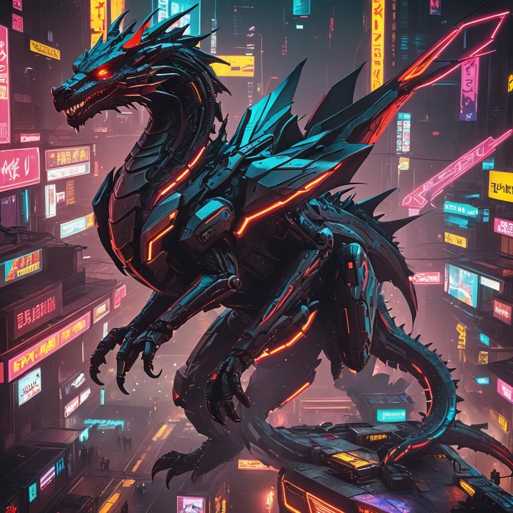 Cyberpunk Dragon in Neon Cityscape